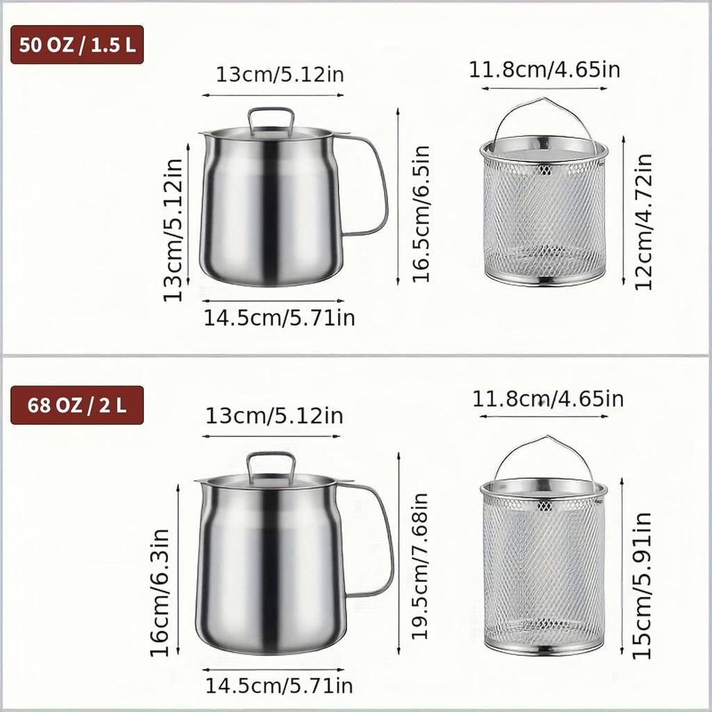 304 Stainless Steel Deep Fryer Pot with Basket & Strainer, Large Capacity Bacon Grease Container for Kitchen,Frying, Cooking, Camping,Oil Filter