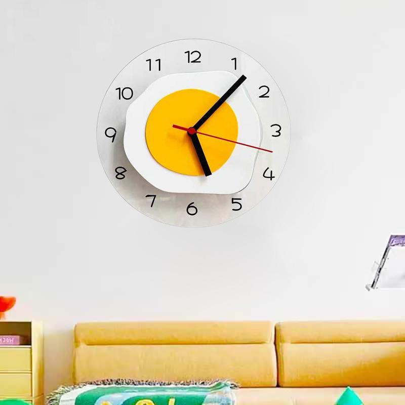 Creative Fried Egg Glass Wall Clock - Ultra-Quiet Childlike Design for Bedroom and Dining Room