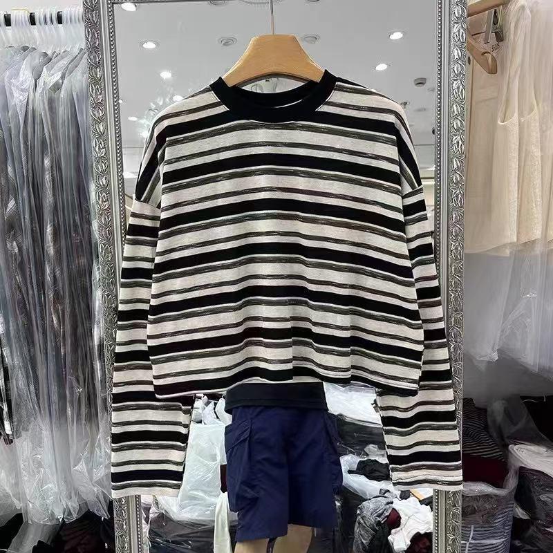 

Женская футболка больших размеров в корейском ретро-стиле, черная в полоску, с длинным рукавом - Коллекция Весна/Осень 2025 Medium