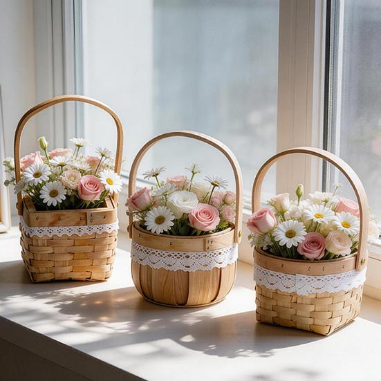 Flower Basket, with Lace Decor, Hand-Woven Wicker Rattan Flower Basket, Wood Portable Floral Gift Basket