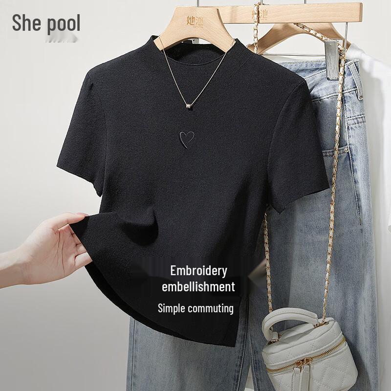 TACHI Women s Slim-fit Short Sleeve Heart Embroidery Knit Top M