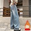 Kids Winter Thermal Patches Jeans Cherry Girls Loose Straight Insulated Denim Trousers Children Warm Fleece Pants
