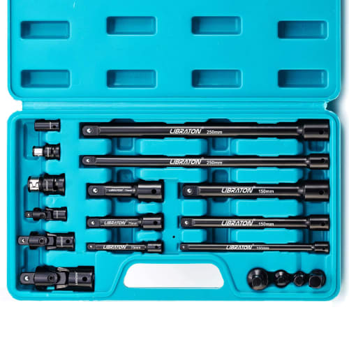 Libraton 18-Piece Extension Bar Set, 6.35mm, 9.5mm, 12.7mm Drive, Socket Adapter, Universal Joint, 50-250mm Overall Length, Chrome Vanadium Steel, Wit