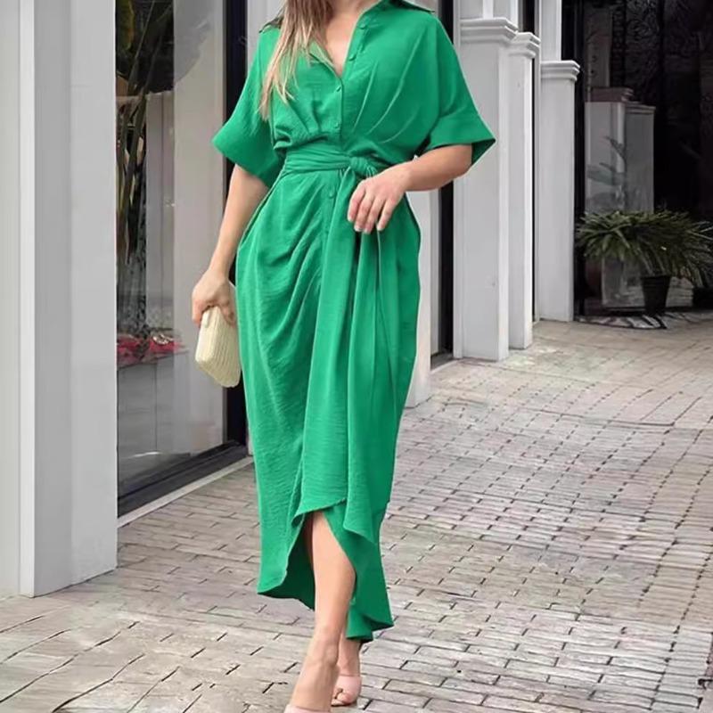 Women's fashion new lapel mid-length short-sleeved single-breasted high-waisted shirt skirt dress