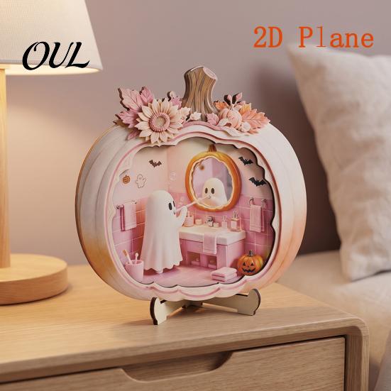 LED Lighted Fall Home Decor Halloween Ghost Pumpkin Wooden Plaque, 2D Flat Tabletop Sign, Indoor Centerpiece Spooky Bathing Reading Ornament
