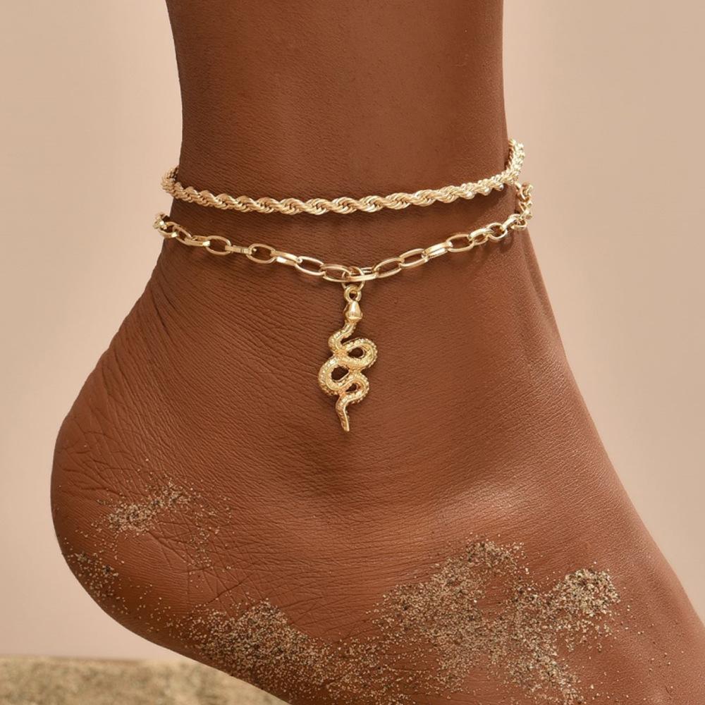 Bohemia Gold Color Snake Ankle Bracelet Set For Women Butterfly Key Lock Charm Anklet Chain On Leg Boho Jewelry Gift
