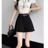 Women's Summer 2024 Gray Pleated High-Waist A-Line Skirt Shorts - Slim, Loose Fit