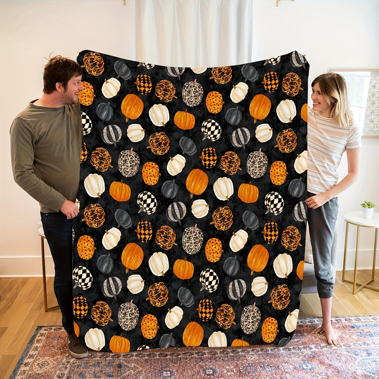 

1 Comfortable Special Black Background Orange, White and Grey Pumpkin Theme Print Flannel Blanket, Stylish, Soft, Warm, Suitable 130x150cm