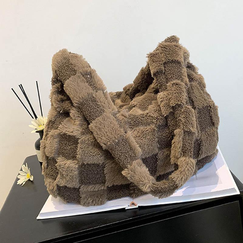 

Плюшевая сумка Большая вместительная сумка Женская сумка Большая сумка Модная женская сумка с верхней ручкой 2023 Зимняя повседневная плюшевая сумка через плечо подмышками Большая сумка темно-коричневого