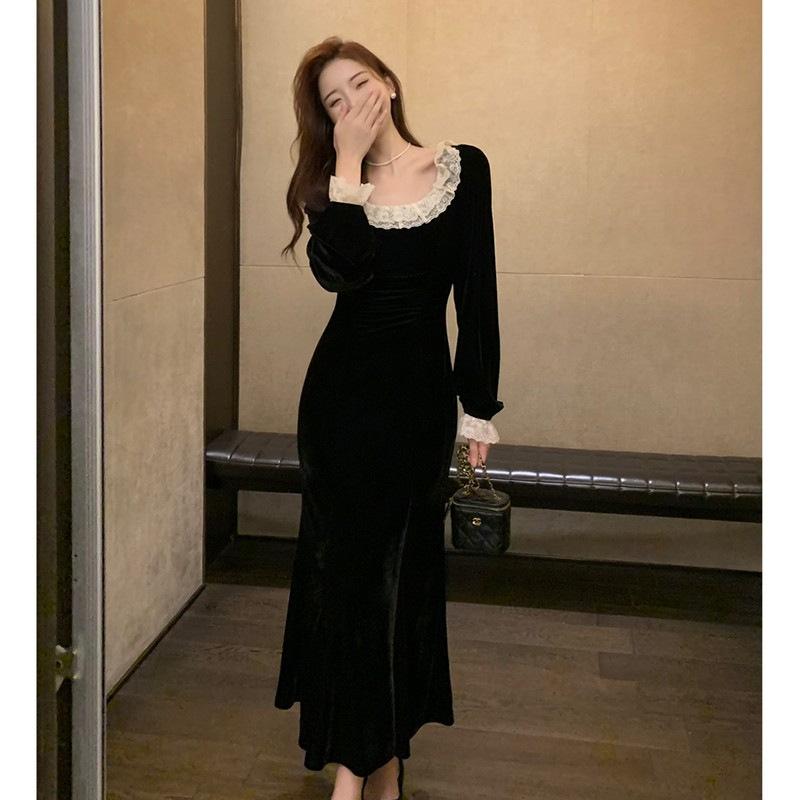 French lace black velvet dress women s autumn and winter Hepburn style small black dress slim-fitting hip-wrapped fishtail long skirt S