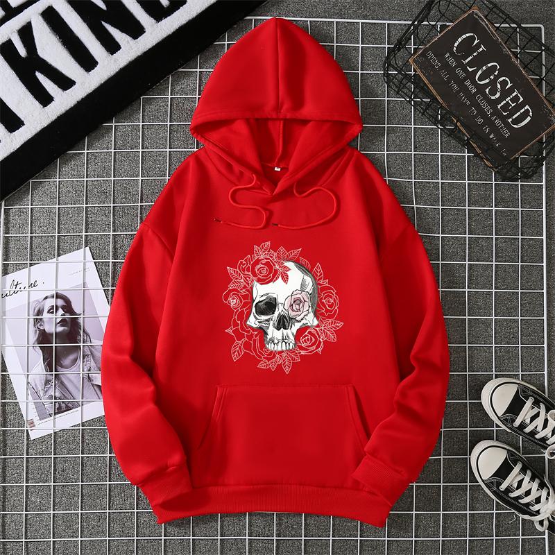 Autumn Winter Couple Style Sunflower Skull Print Hoodie Men Women Casual Simple Top Streetwear Sleeve Decorated Hoodie