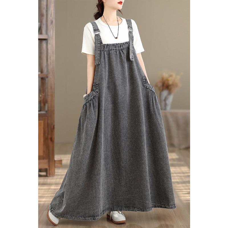 DIMANAF Women Plus Size Denim Dress Maxi Long Dress Sleeveless Vintage Loose Casual Basic Dresses Cottton
