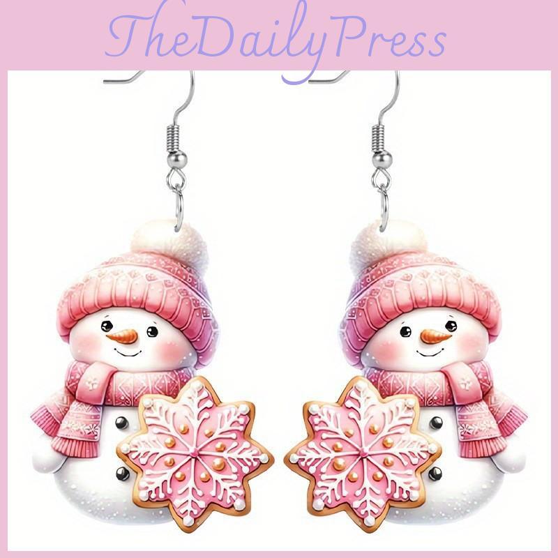 Christmas Theme Cute Cartoon Pink Hat Scarf Snowman Pattern Women Earrings For Seasonal Celebration