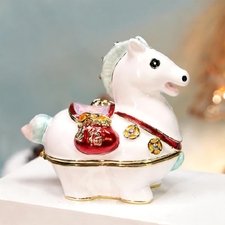 Exquisite Alloy Trinket Box Horse Shaped Jewelry Case with Glossy Finish and Sparkling Rhinestones for Small Accessory