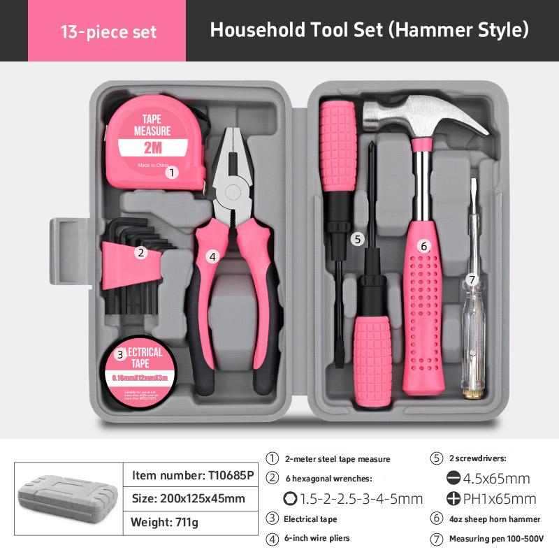 13/24 Piece Pink Multifunctional Hardware Tool Set Pliers Screwdriver Home Repair Toolbox Combination Set Repair Kit Hand Tool (As shown-16011)-