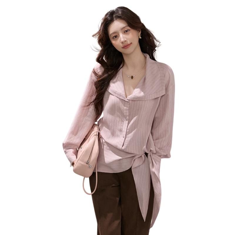

Textured Striped Loose-Fit Shirt with Asymmetric Hem L