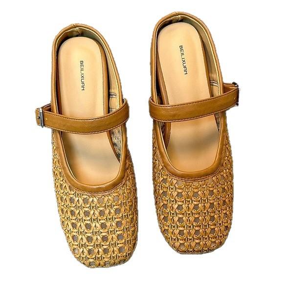 inner height increase of 5cm with skirt woven hollow bag head half slippers women's 2025 summer new outer wear Muller wedge sandals
