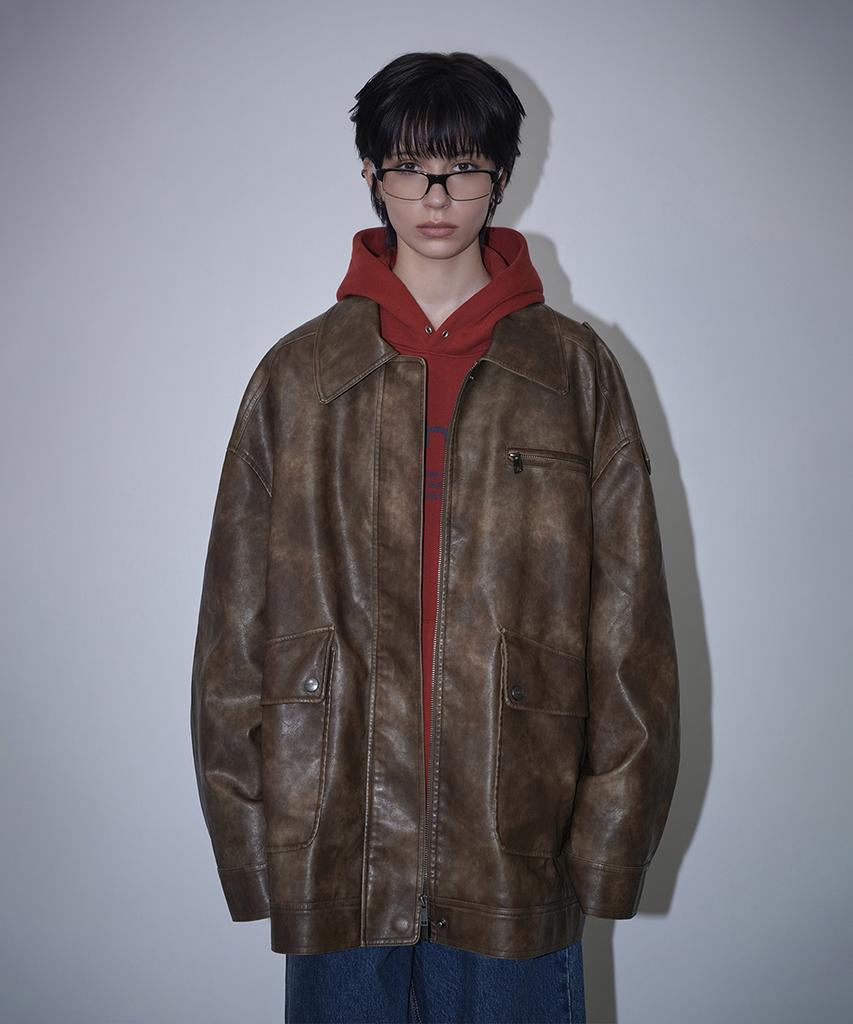 ROUGHTYPE Embossed Washed Leather Jacket - Brown