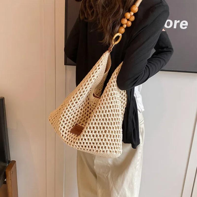 

Пляжная летняя сумка для женщин, сетчатая плетеная сумка на плечо, регулируемый ремень, сумка-хобо большой емкости для путешествий и отпуска L коричневый