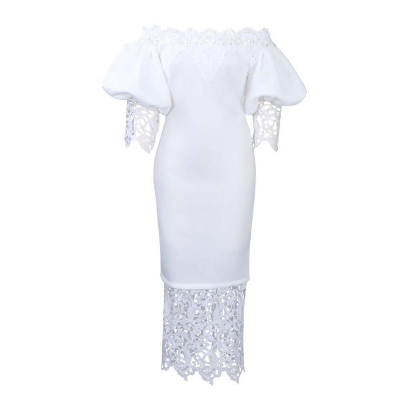 Plus Size Women Lace Spliced One Shoulder Lantern Sleeve Bridesmaid Midi Dress
