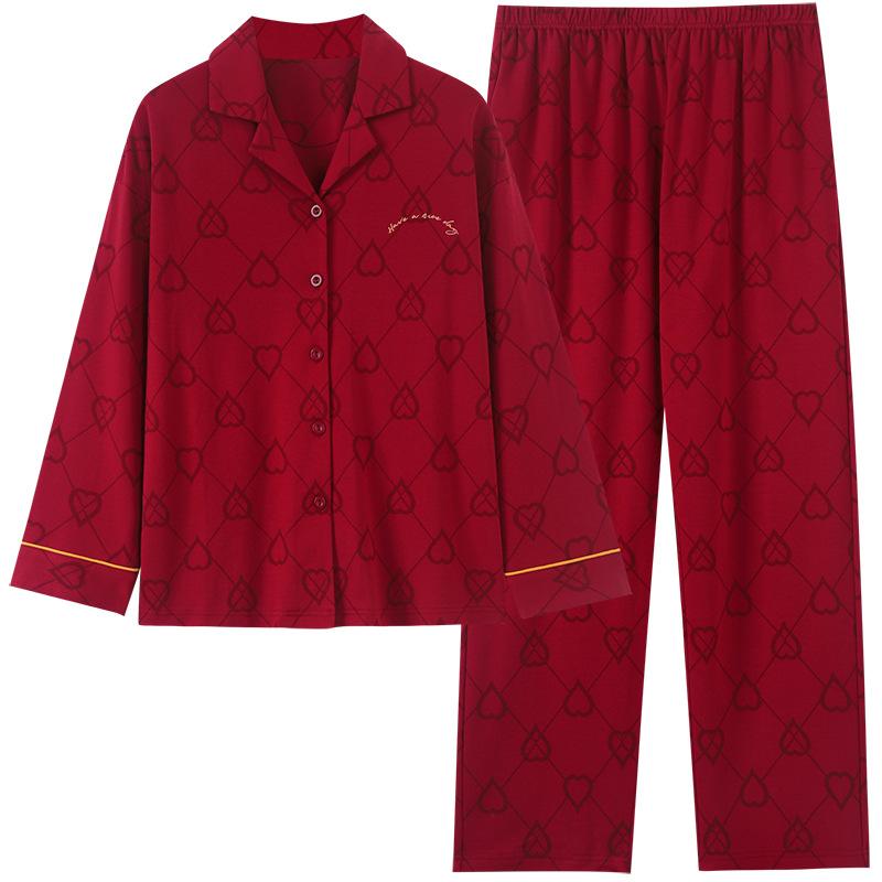 Cotton pajamas women's fat mm spring and autumn pure cotton long-sleeved cardigan women's loungewear red annual clothing can be worn outside the suit