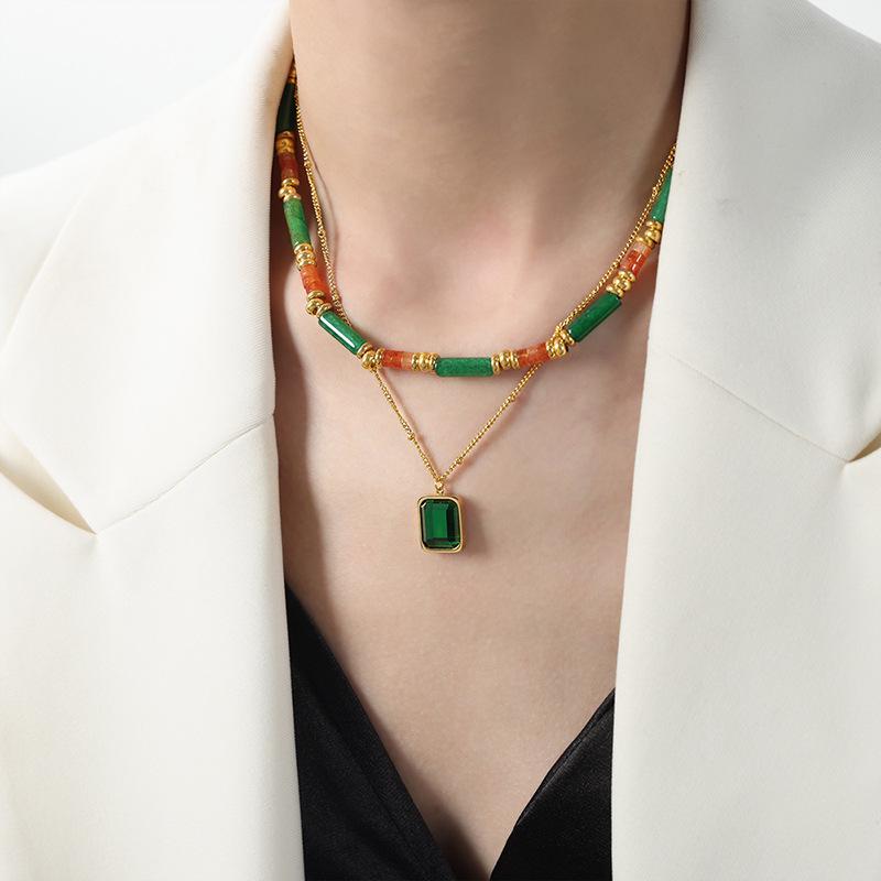 Bamboo Joint Double Layer Necklace with Faceted Emerald Glass Pendant in Titanium Steel