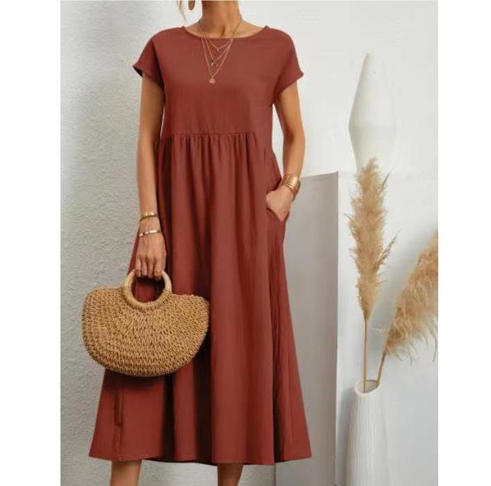 Women Vintage Solid Dress Summer Elegant O Neck Short Sleeve Cotton Linen Dresses Female Casual Loose Sundress Long Dress