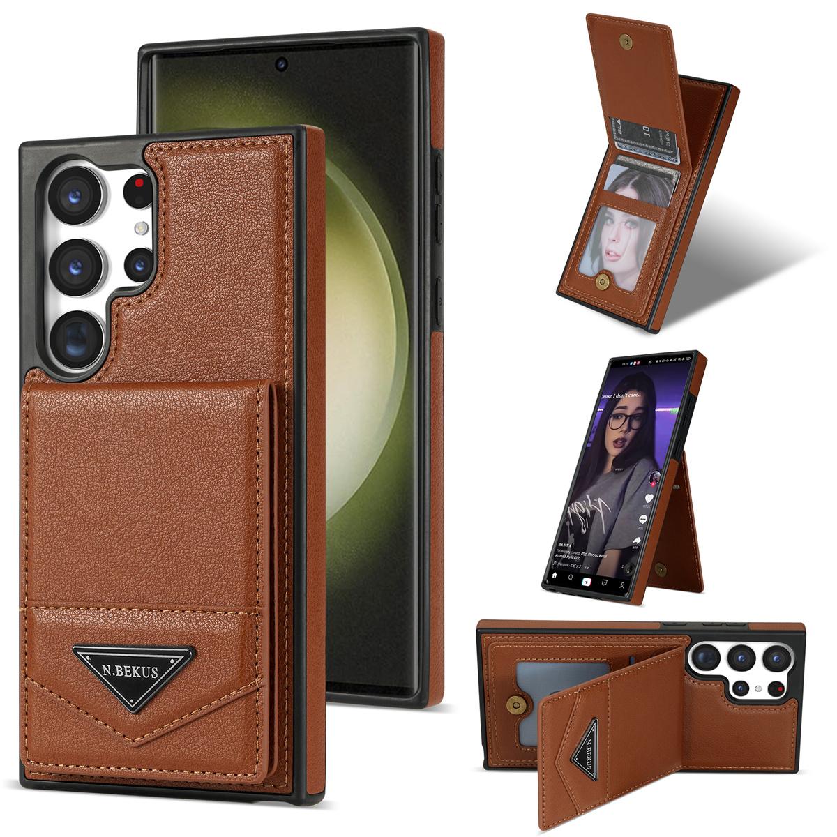 

N.BEKUS For Samsung Galaxy S24 Ultra Case Leather+TPU Vertical Flip Card Holder Cover Brown