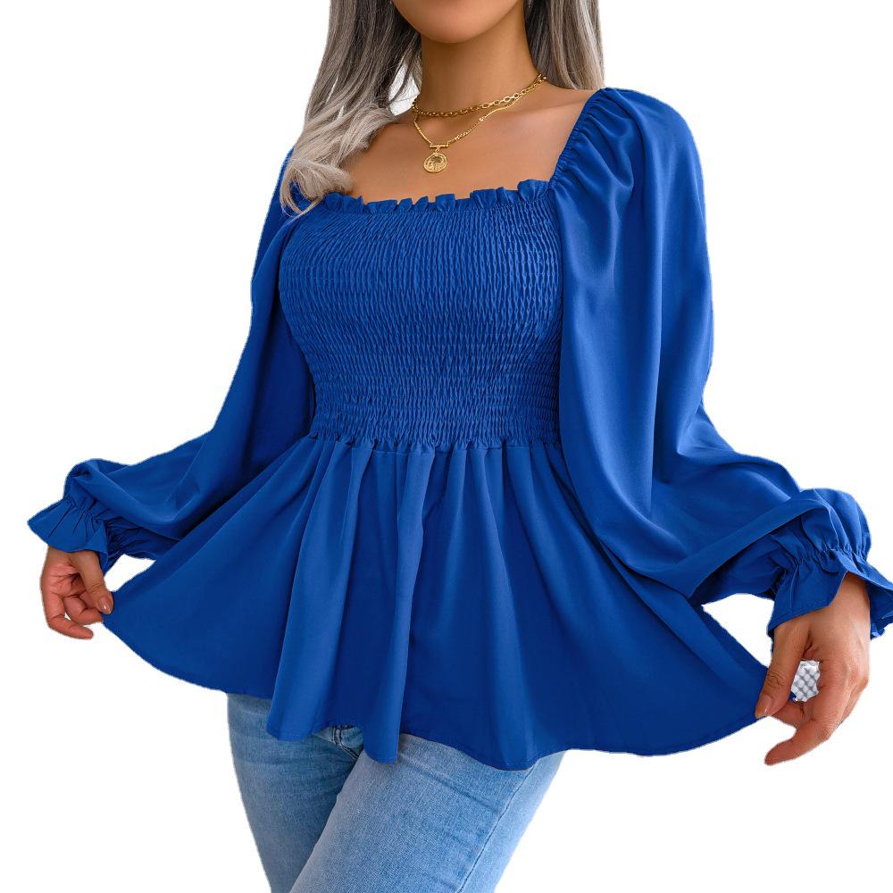 Echte Aufnahme Frühling/Sommer 2025 Damen Lässiges Chiffon-Oberteil mit Rüschen, quadratischem Ausschnitt und langen Ärmeln