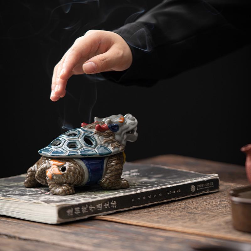 Ancient Doucai Dragon Turtle Incense Burner - Hand-painted Ceramic with Cultural Design