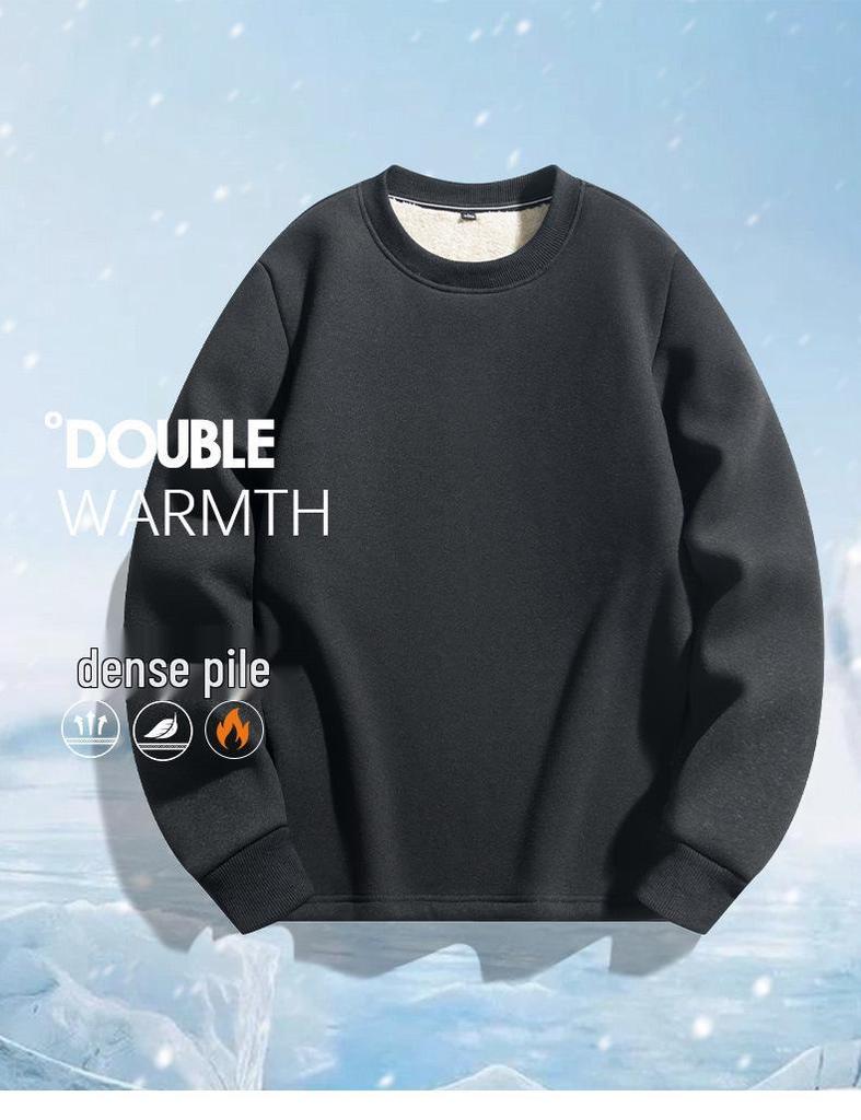 Men's Lambswool Round Neck Hoodie, Velvet-Lined, Thick, Long Sleeve, Warm Winter Top, No Hood