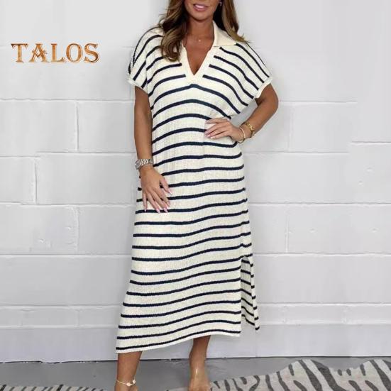 

Летнее женское платье с v-образным вырезом и лацканами в полоску с короткими рукавами и разрезом подол длиной до середины икры, свободный пуловер, повседневное повседневное платье миди XXL абрикосовый