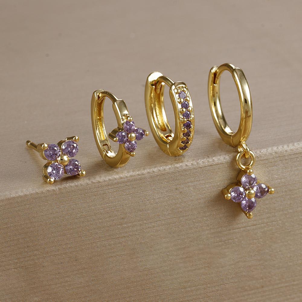 4pcs Fashion Cubic Zirconia Flower Hoop Earrings Set 18K Gold Plated Stainless Steel Stud Earring Piercing Jewelry Aretes Mujer