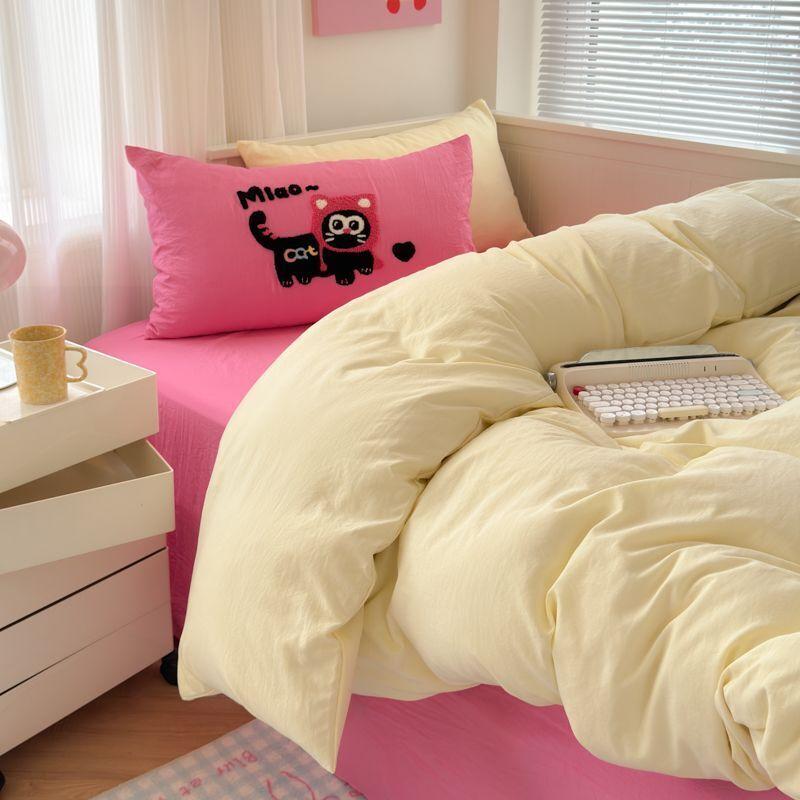 Korean Style Girl Heart Pink Cat Towel Embroidered With Washed Cotton Bedding Set Simple Bed Sheet Hat And Duvet Cover Set