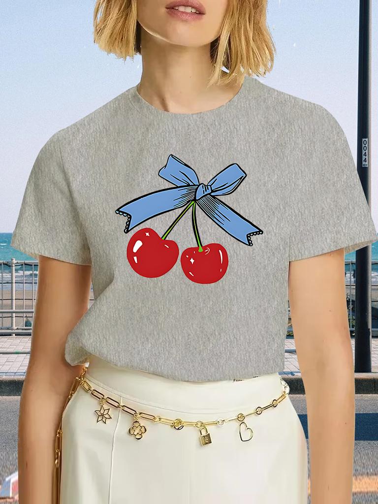 Dámské tričko plus size Originální design Módní mašlička Vzor třešní Potisk Dámské ležérní s kulatým výstřihem s krátkým rukávem