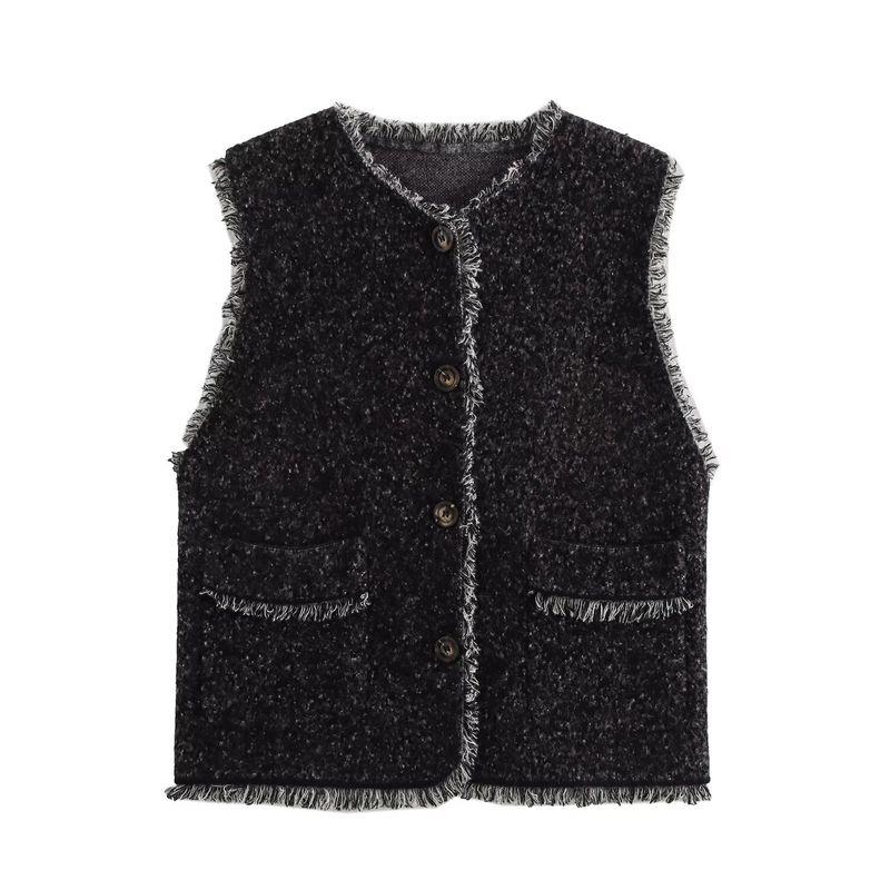 Kaslead New Women clothes Western Style Tassel Sesame Dots Single Breasted Pocket Sweater vest Vest