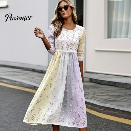 Fashionable Vacation Dresses for Ladies Long Sleeve Floral Dress, Women Cottagecore Waist Cinching Casual Autumn with Sleeves Midi Dress Street Party