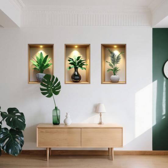 3Pcs 3D Flower Wall Stickers, Realistic Flowers Vase Wall Decals, Waterproof Self-Adhesive Potted Plants Stickers, Greenery Wall Stickers for Living