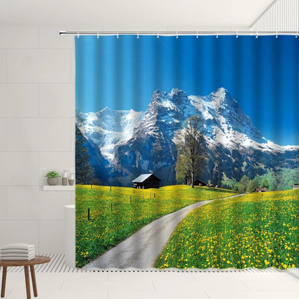 Farm Scenery Shower Curtain Old Retro Farmhouse Green Bamboo Forest Tree Autumn View Garden Decor Wall Covering Bathroom Screens