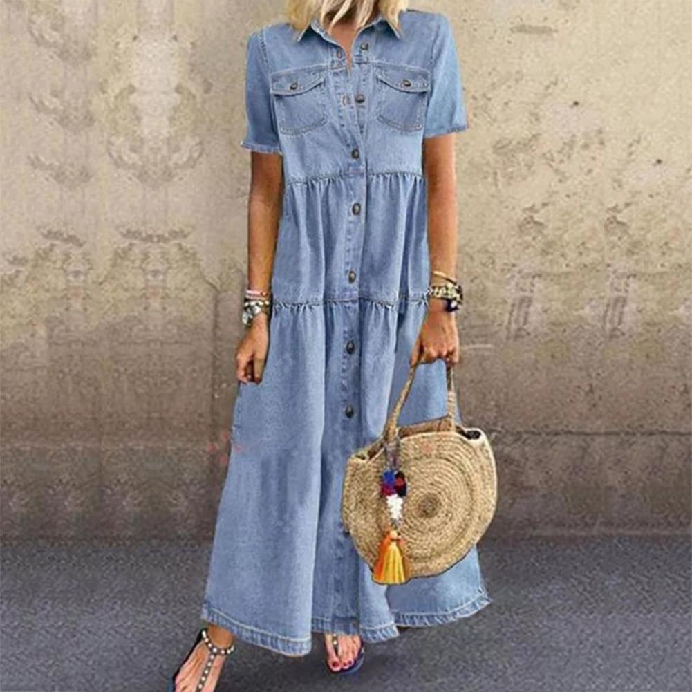 Denim Dress Retro Women Short Sleeve Turn Down Collar Pockets Button Long Loose Denim Dress Pockets Button Long Loose Plus Size
