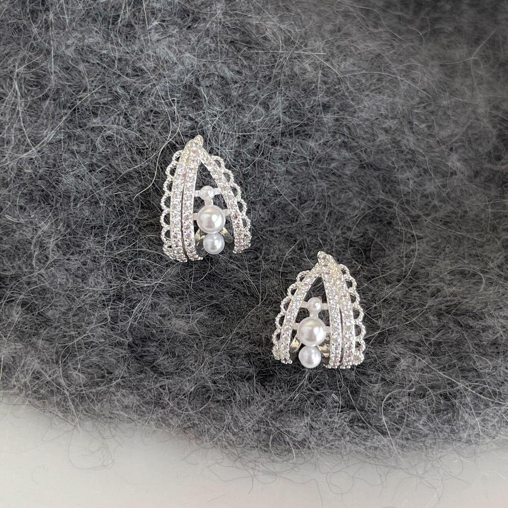 French Pearl & Zircon Earrings: Women's Light Luxury Lace Edged Studs, Hoops, and Clips.