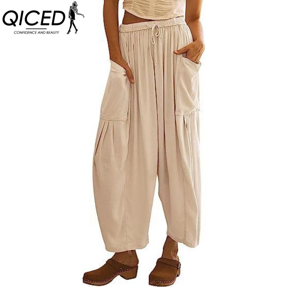 

QICED Женские модные повседневные однотонные брюки и капри с принтом и высокой талией XXXL бежевый