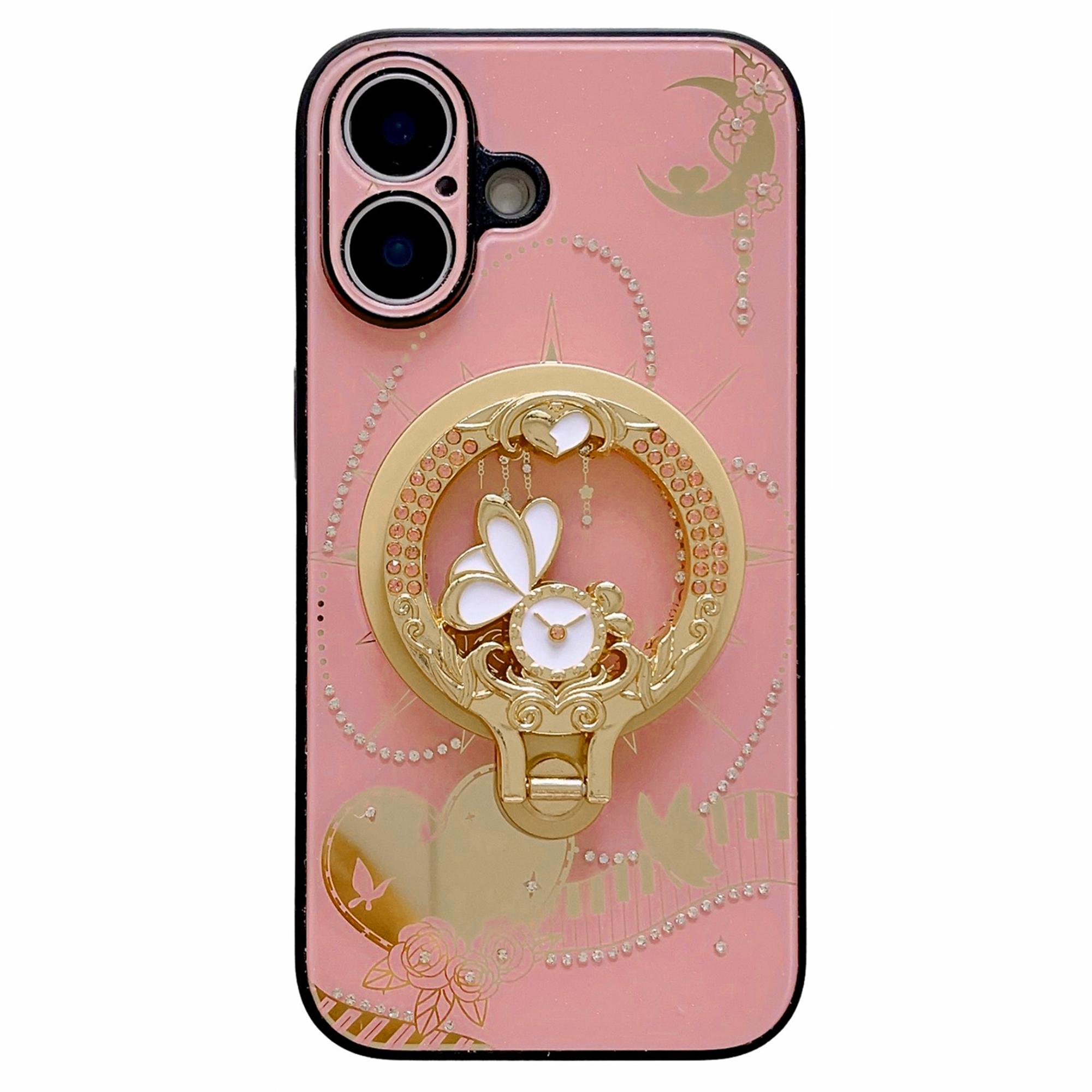 

For iPhone 16 Magnetic Case Kickstand TPU+PC Rhinestones Decor Phone Cover - Pink