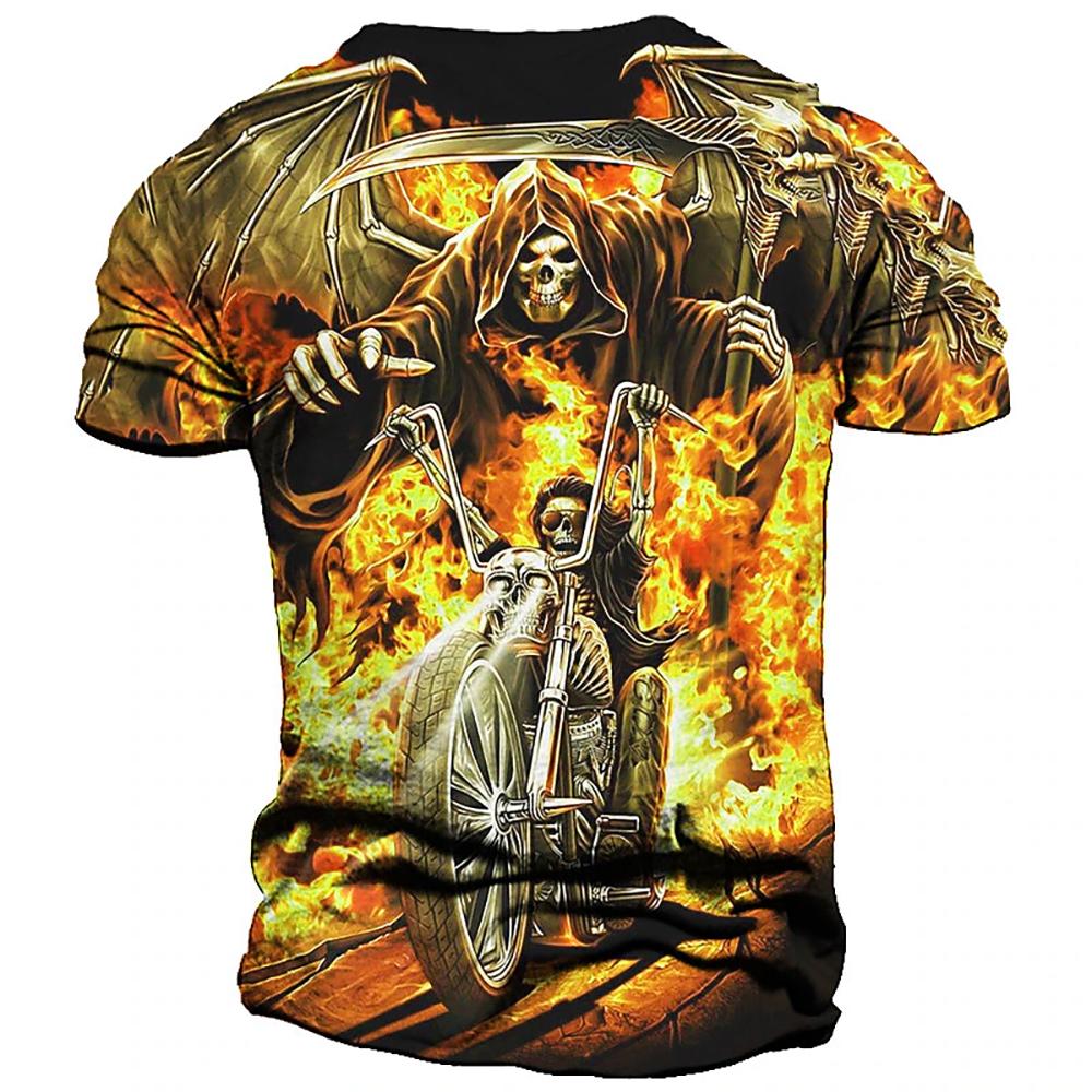Men's Graphic Skull Flame Motorcycle T Shirt Casual Streetwear Short Sleeve T Shirt 3D Print Crew Neck Tees Top Vintage Clothing
