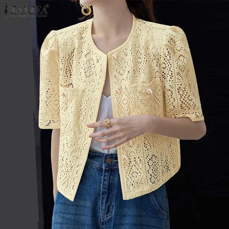 

ZANZEA Womens Summer Hollow Out Crochet Short Sleeve Cardigan Blouse S абрикосовий