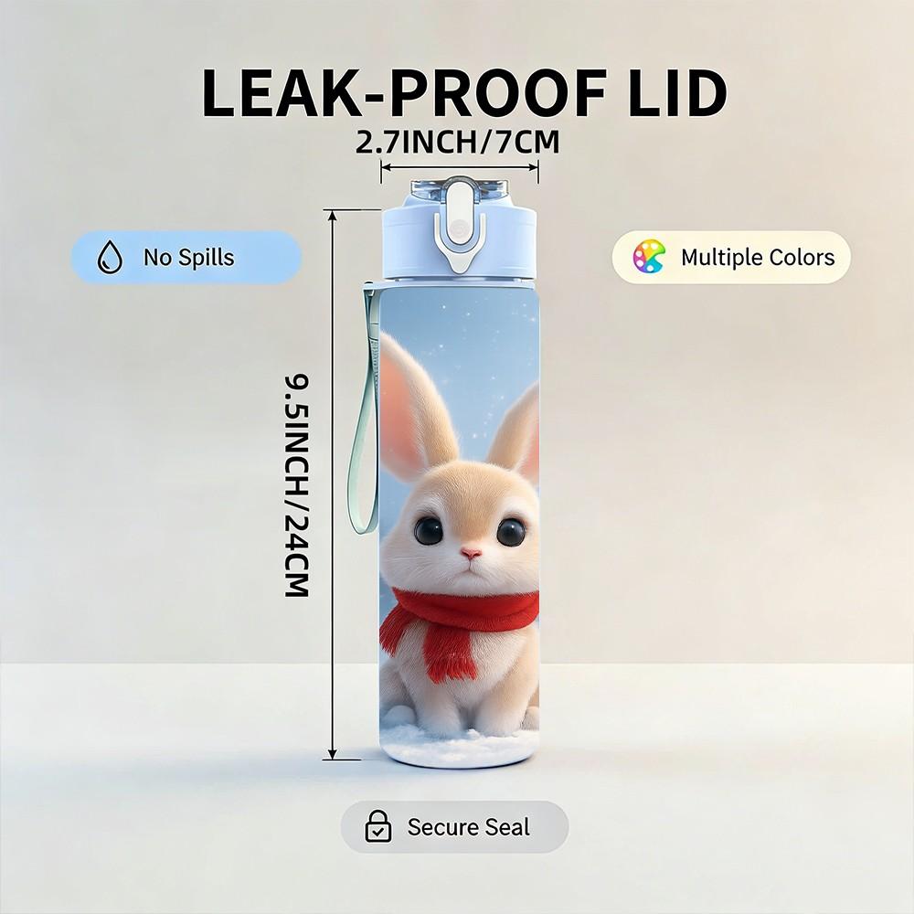 1PC White Rabbit Red Scarf Winter Print 750ml Color Plastic Sports Water Bottle Leakproof Flip Straw Lid Suitable for Sports Office Home Use