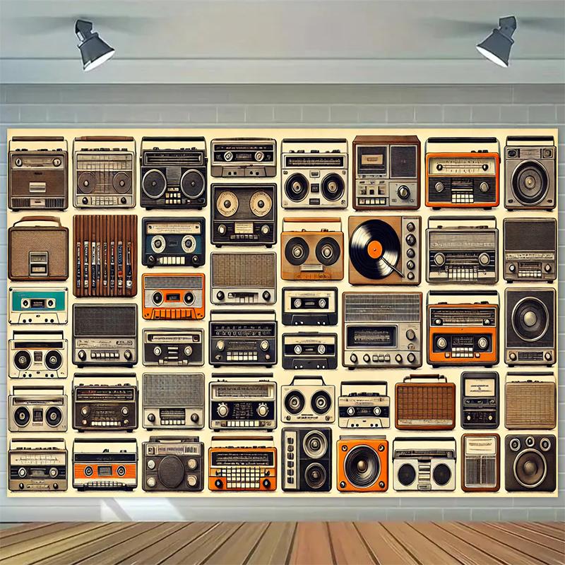 Retro audio party backdrop decoration - Mini speakers and tape wall decorations made of polyester for indoor/outdoor use