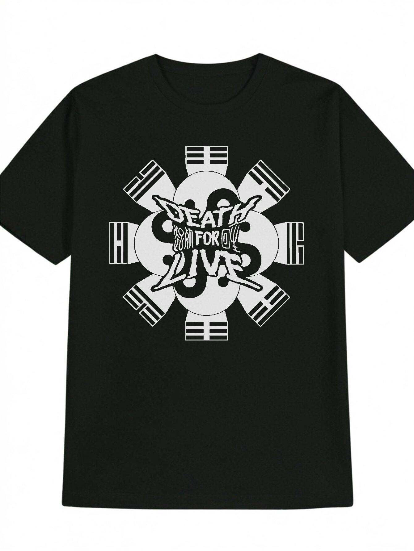 Casual Graphic T-shirt - Black with White Star & Death Before Love Print L
