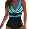 European and American Style Contrasting Color Splicing Striped One-piece Swimsuit for Women, Deep V Gathering and Showing Thinness