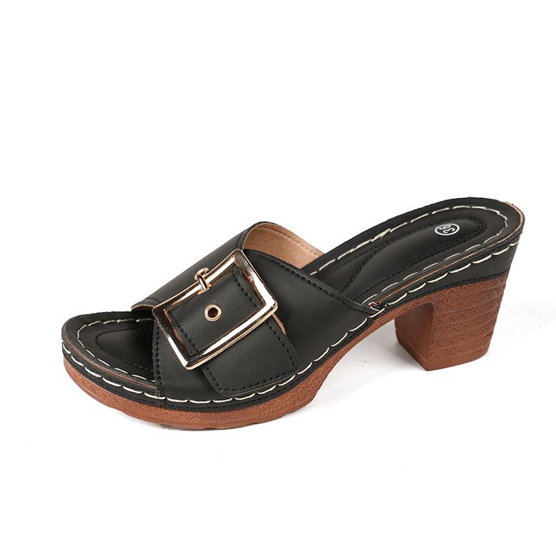 

Fashion 2025 New Women Summer Slippers Flip Flops Fashion Square Toe Laies Heel Mules Sexy High Heels Women Slippers Zapato Mujer 36 чёрный